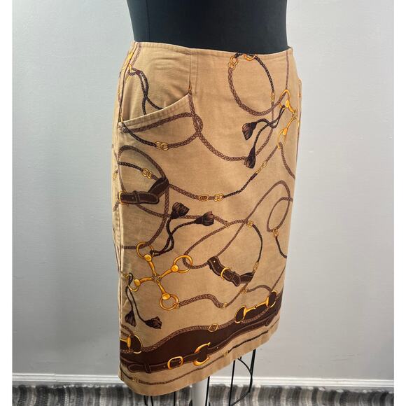 VINTAGE Talbots  Brown A-Line Skirt Cotton Equestrian Horse Bit Side Slit Size 6 - Picture 3 of 8